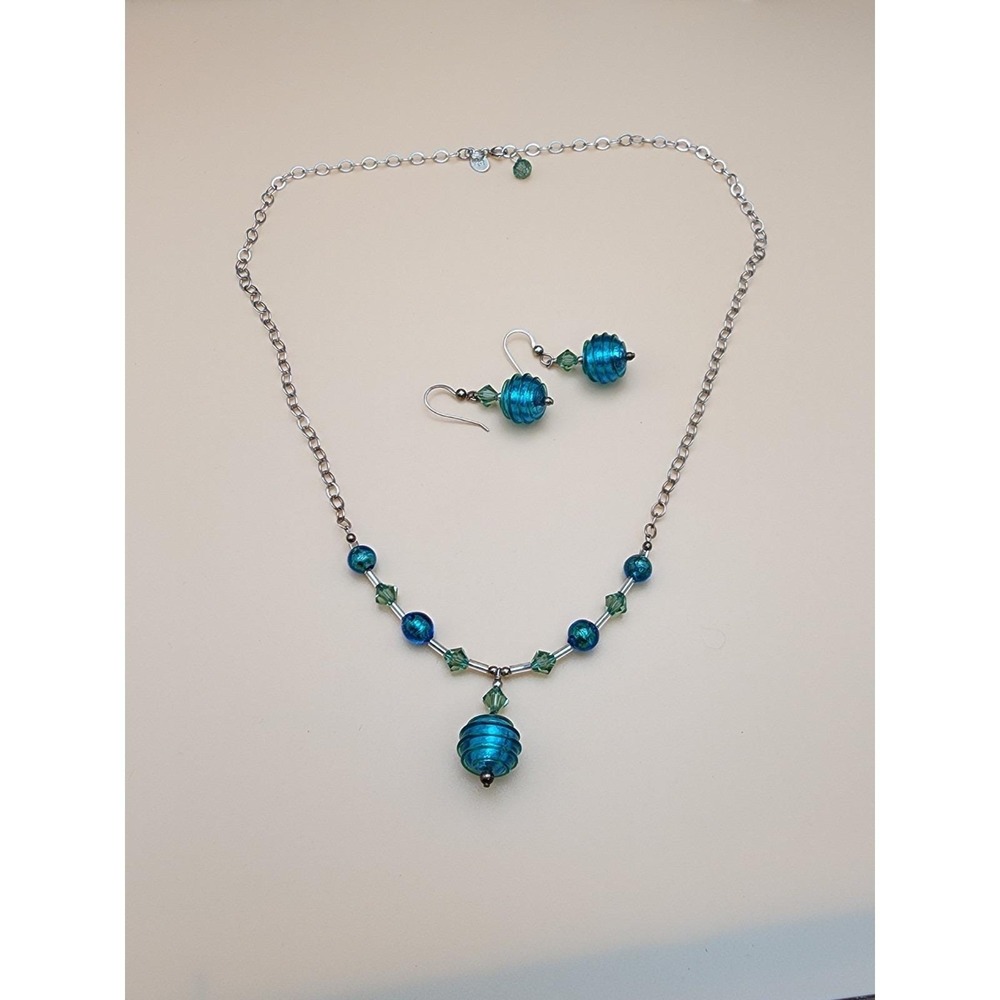 Vtg Signed MURANO Art Glass Teal‎ Blue Textured Ringed Necklace & Earring Set